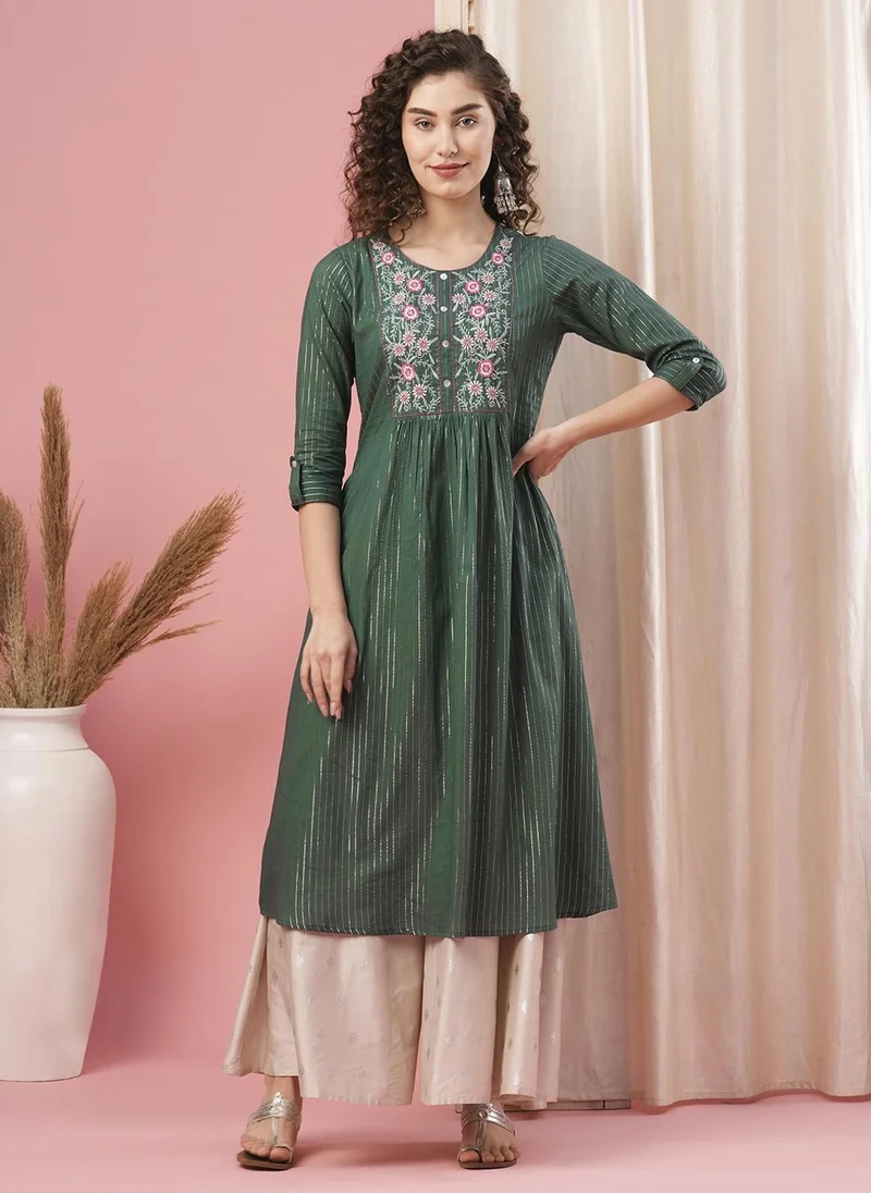 globus Globus Women Green Floral Embroidered Roll Up Sleeves A-Line Festive Kurta